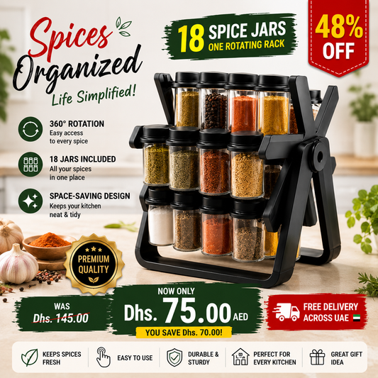 Spice Rack Organizer with 18 glass jars rotating design