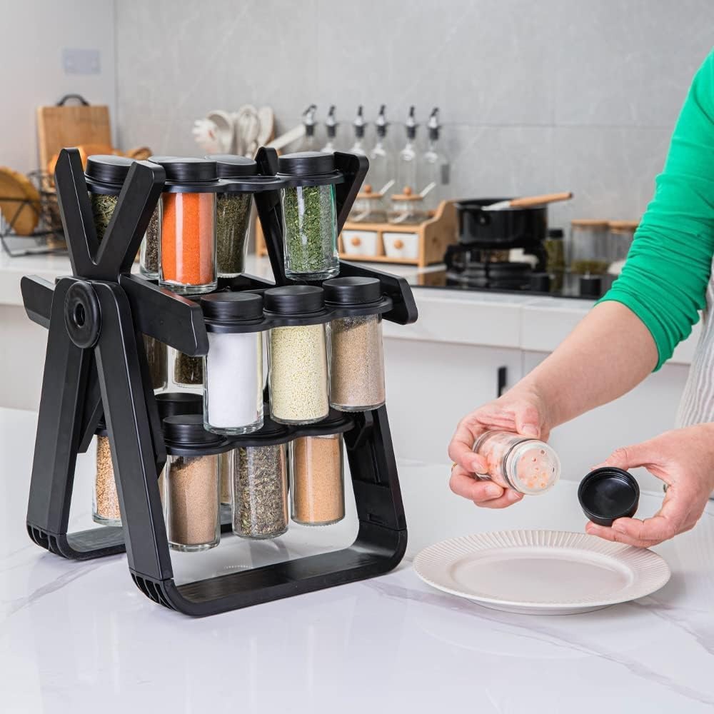 Spice rack glass jars with labels and funnel