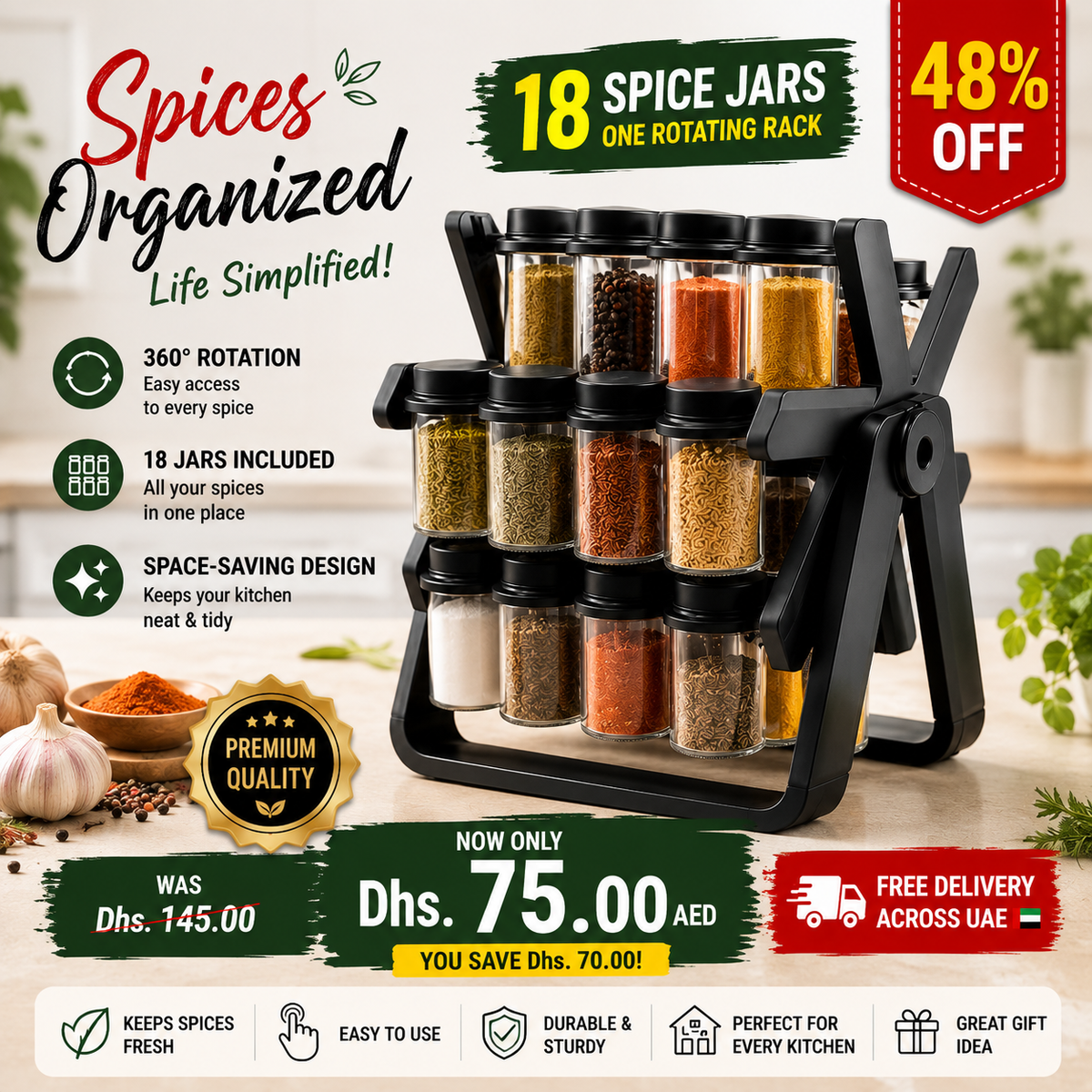 Spice Rack Organizer with 18 glass jars rotating design