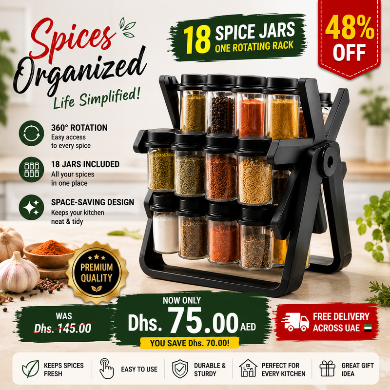 Spice Rack Organizer with 18 glass jars rotating design
