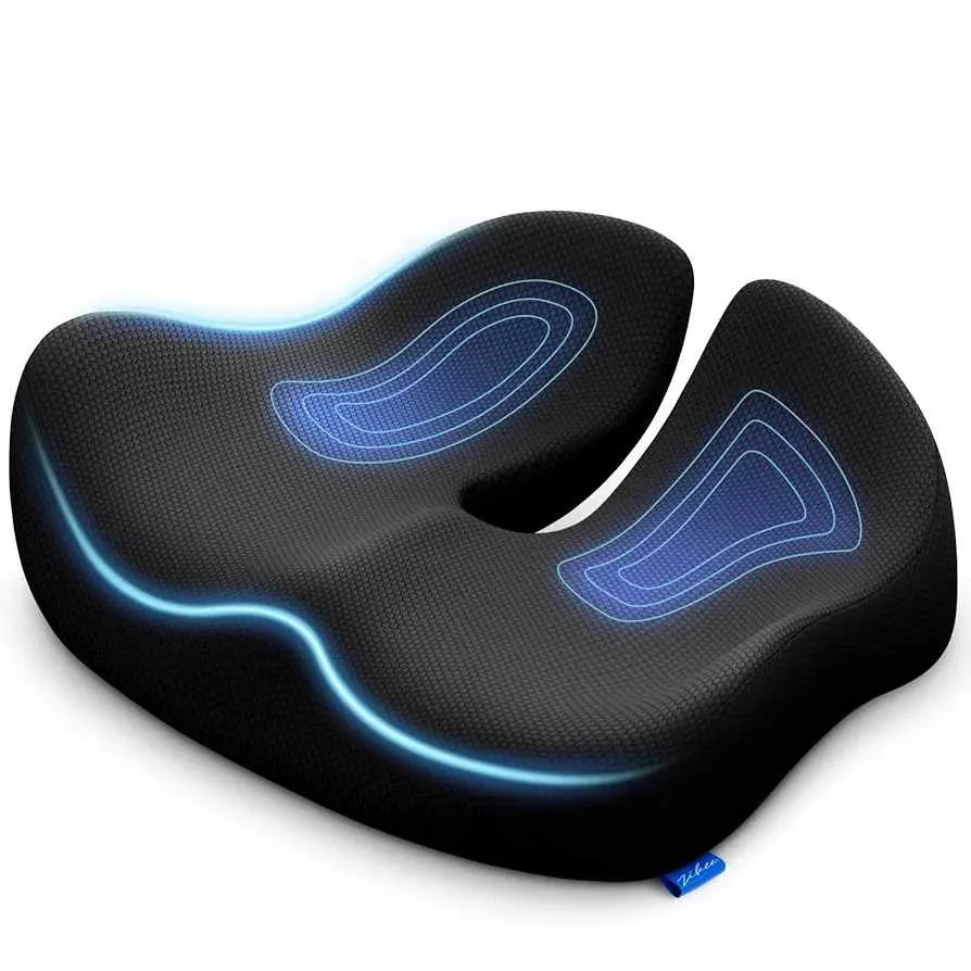 "Ergonomic seat cushion packaging and product view"